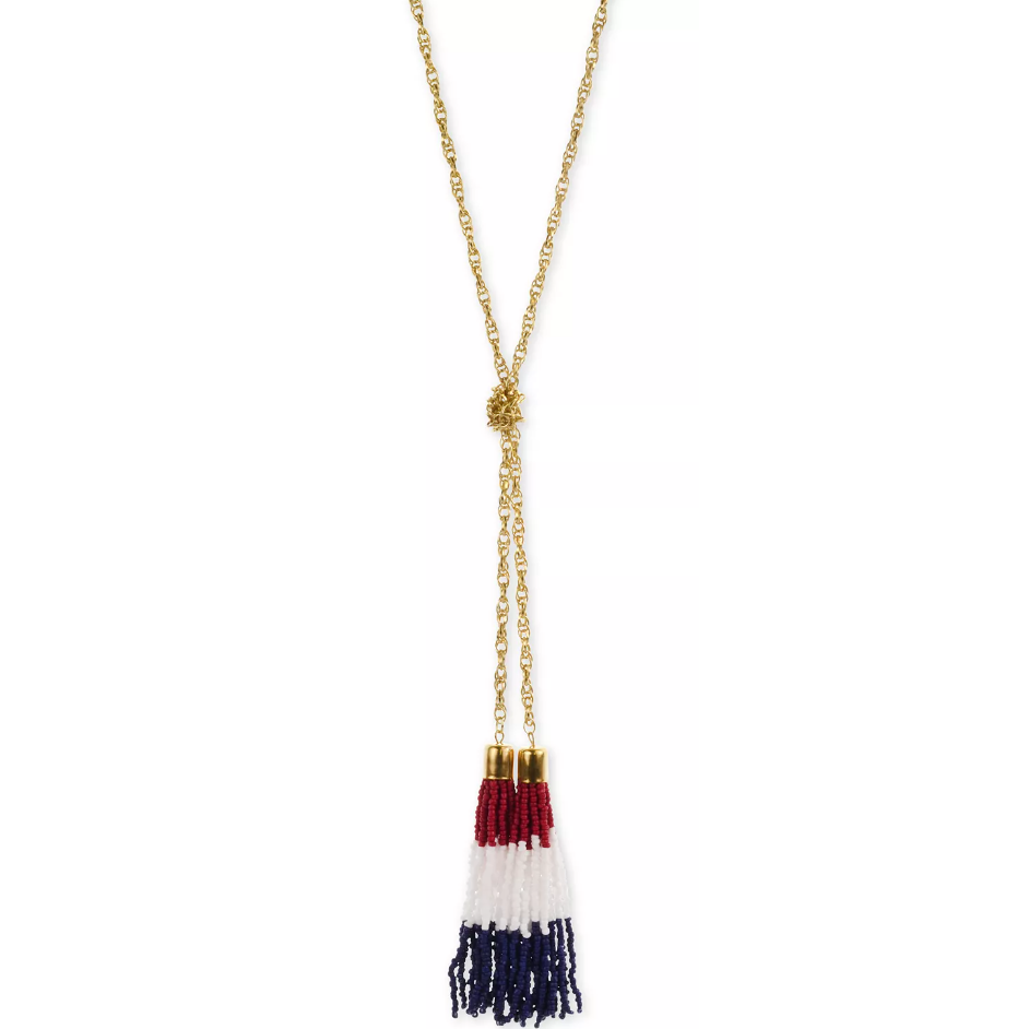 Holiday Lane Gold-Tone Red White Blue Seed Bead Tassel 31 Lariat Necklace 8$